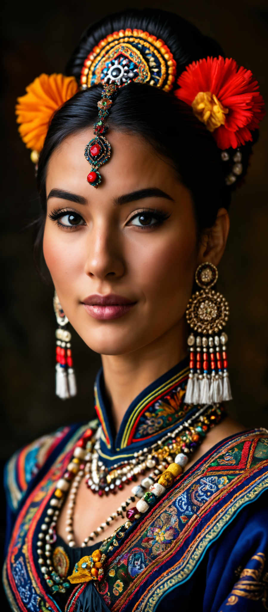 A woman wearing a traditional dress and large earrings.