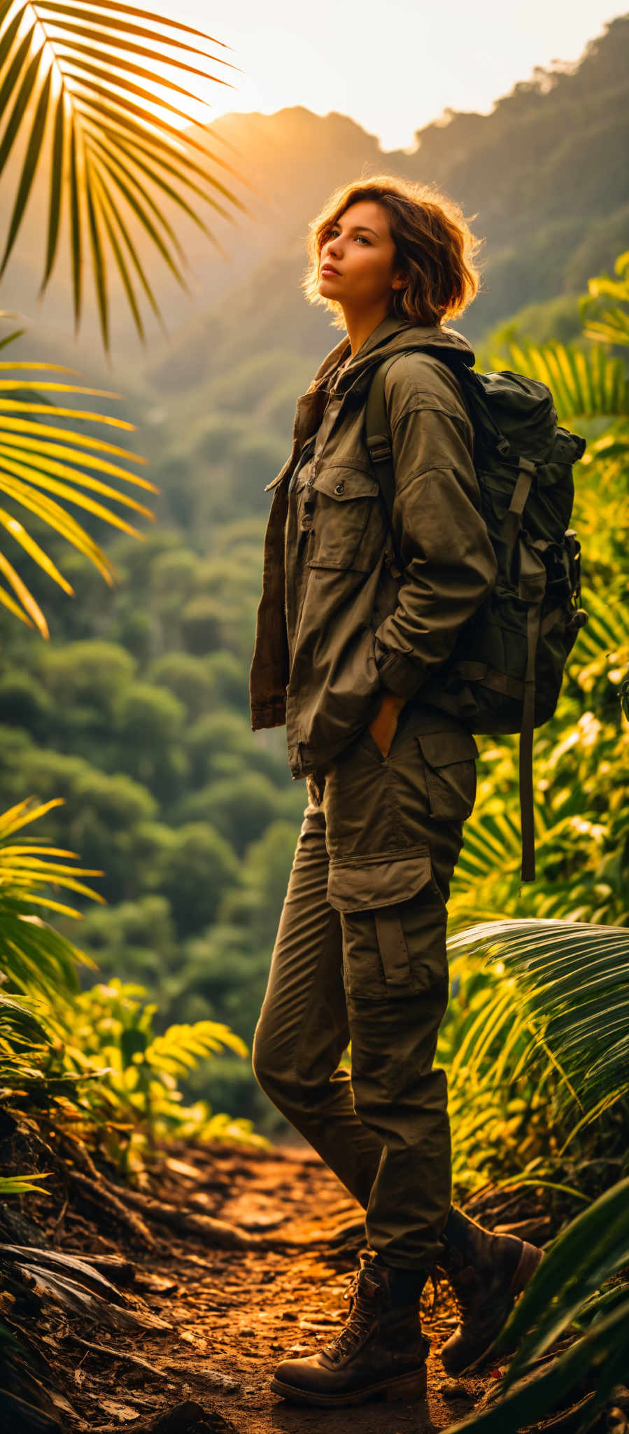 A man in a brown jacket and pants stands in front of a jungle.