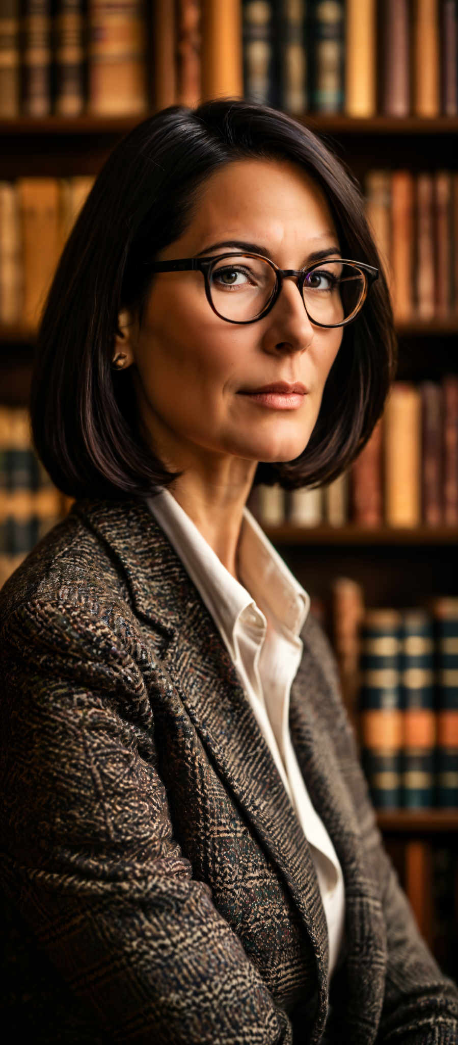 A woman wearing glasses and a tweed jacket stands in front of a bookshelf.