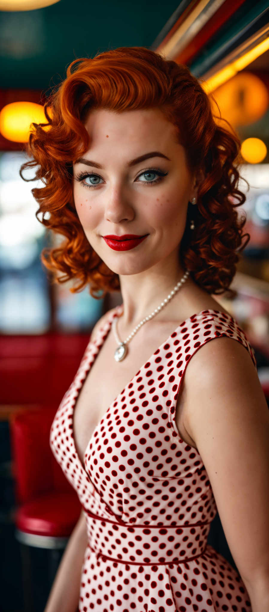 A woman with red hair and a red lipstick is wearing a red and white polka dot dress. She is also wearing a pearl necklace and earrings.