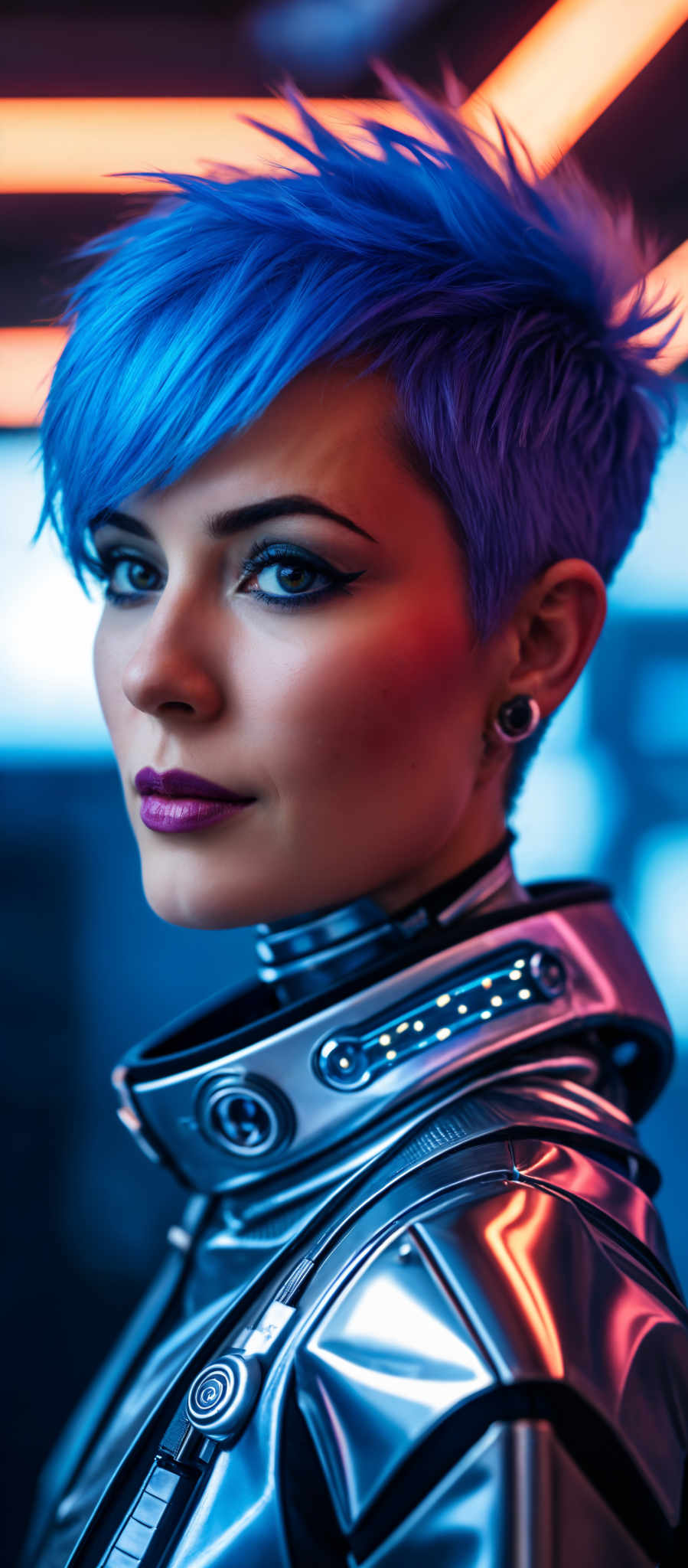 A woman with blue hair and a purple lipstick is wearing a futuristic suit.