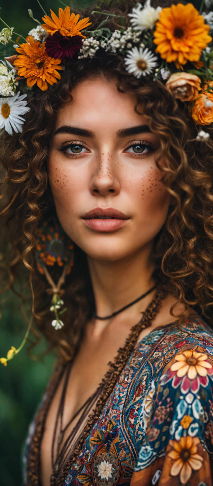 A woman with brown hair and freckles is wearing a colorful dress.