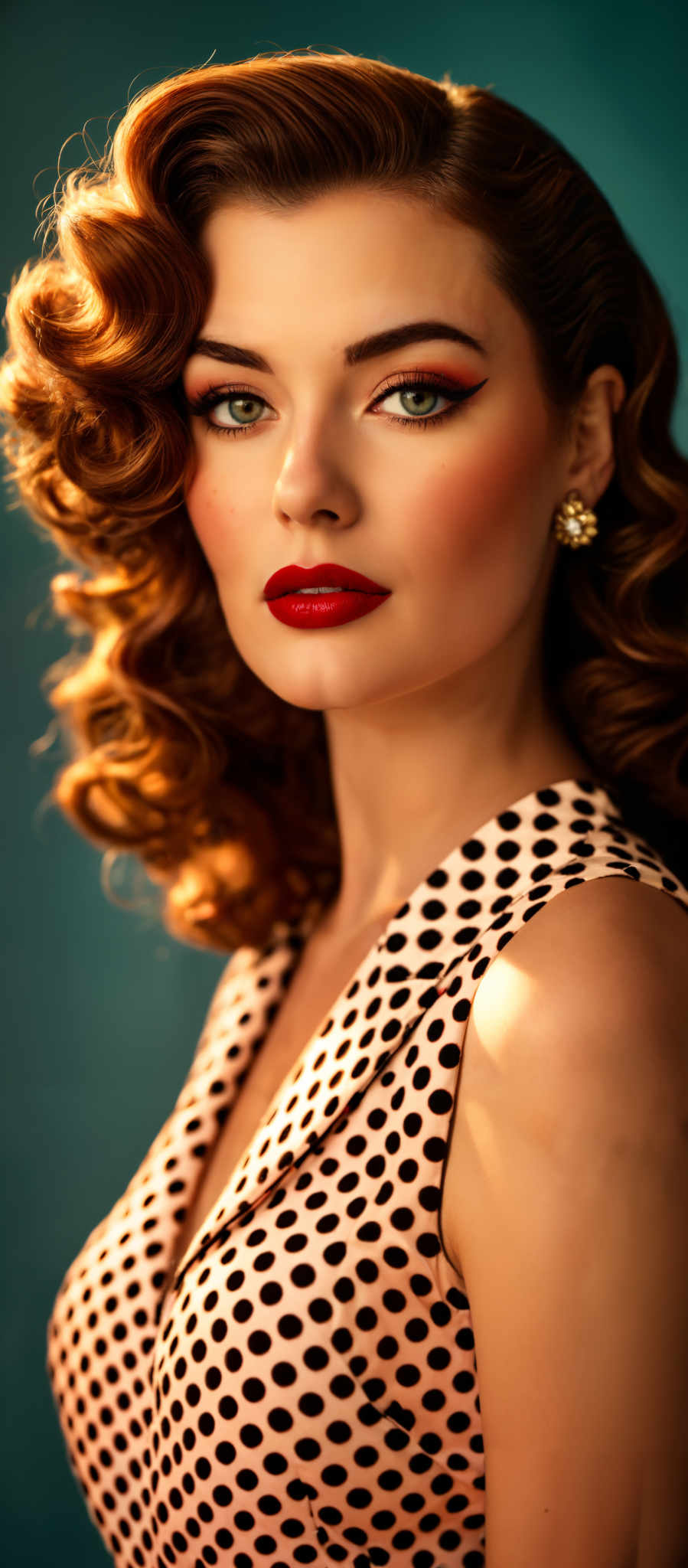 A woman with red lipstick and a polka dot dress.