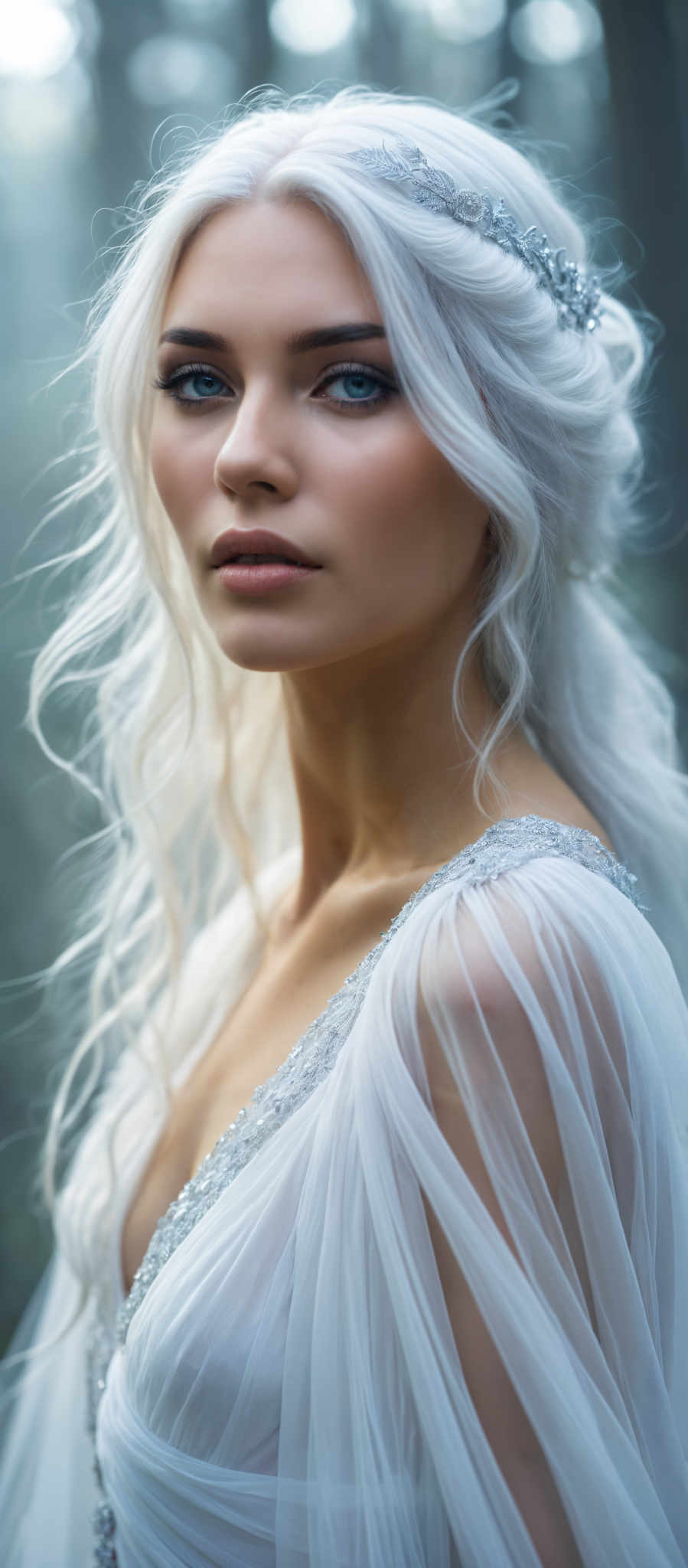 A woman with long white hair and a white dress.