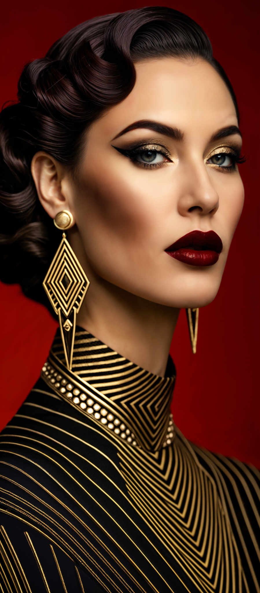 A woman wearing gold earrings and a gold and black striped necklace.