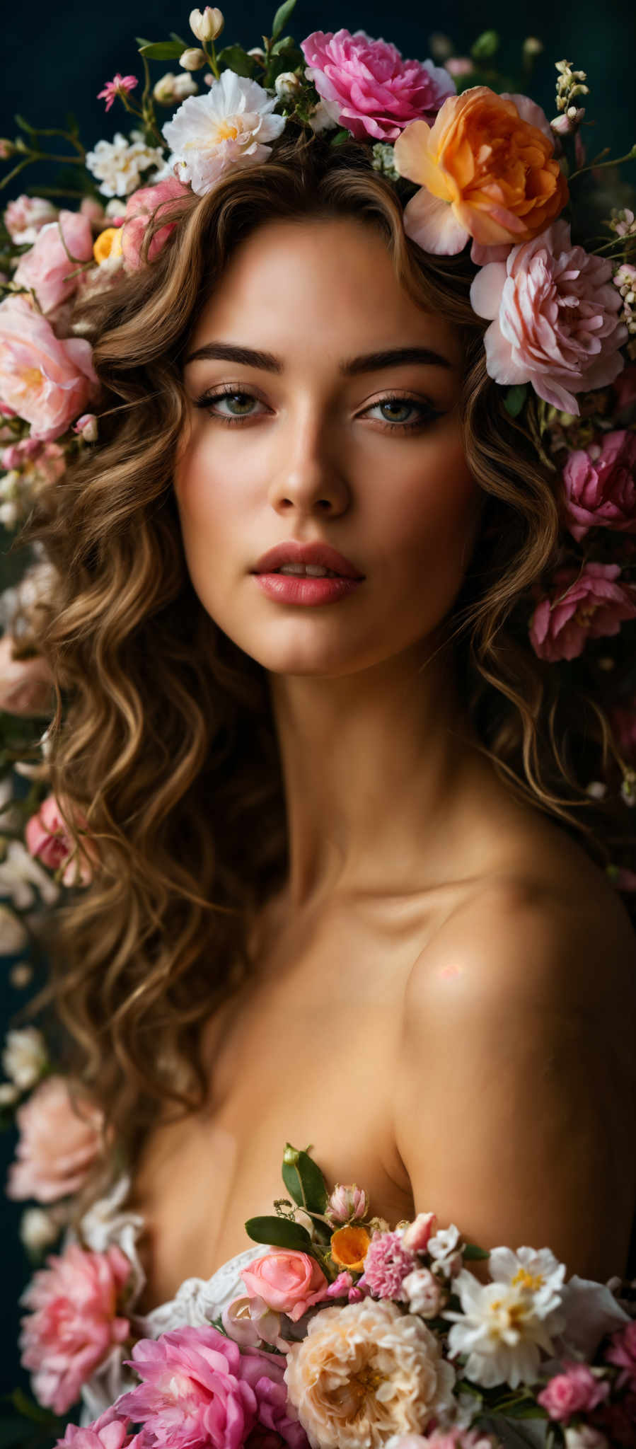 A woman with long brown hair and pink flowers in her hair. She is wearing a red lipstick and has a mole on her chin.