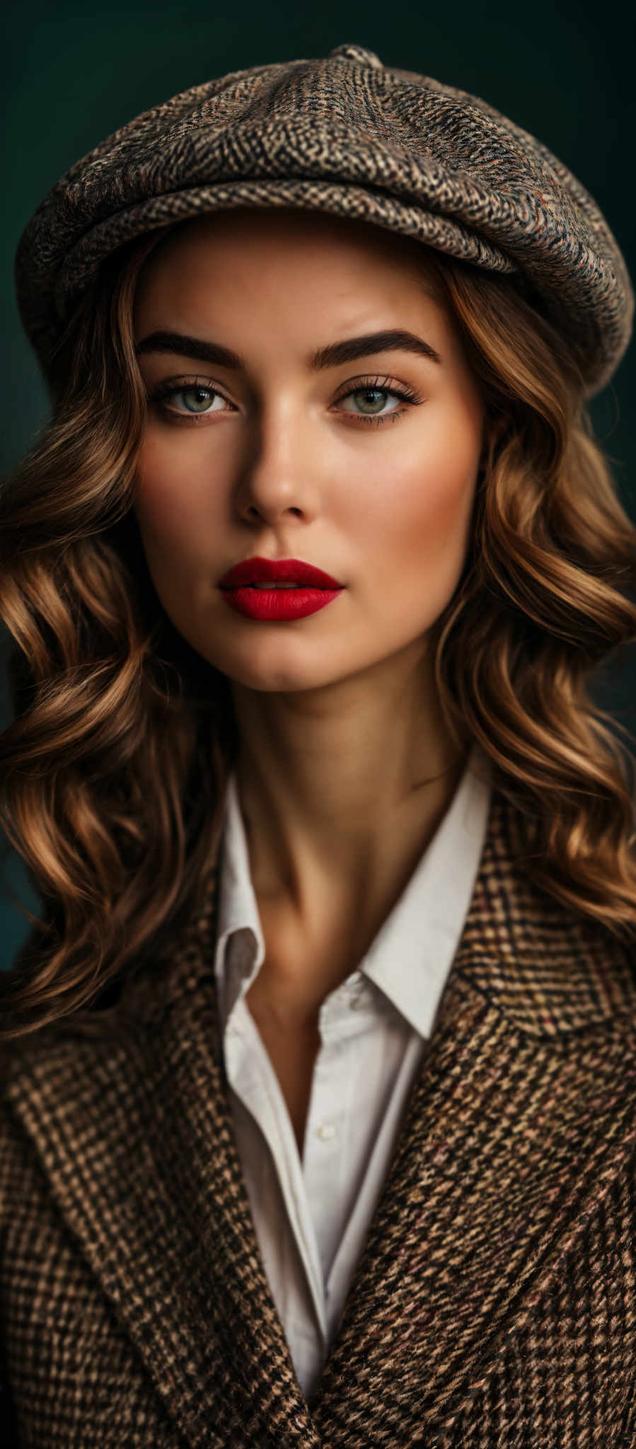 A woman with long brown hair and red lipstick. She is wearing a plaid jacket and a white shirt.