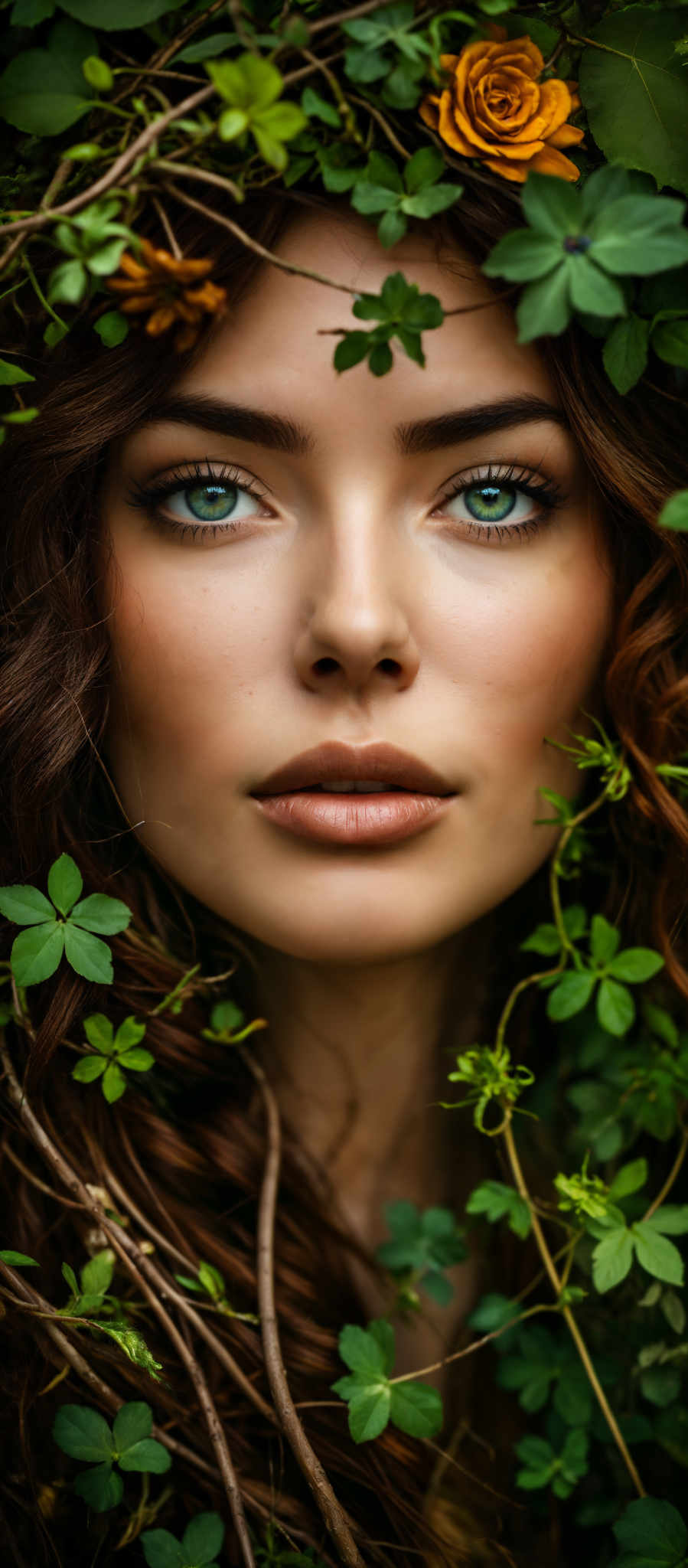 A woman with long brown hair and green eyes is surrounded by green plants.