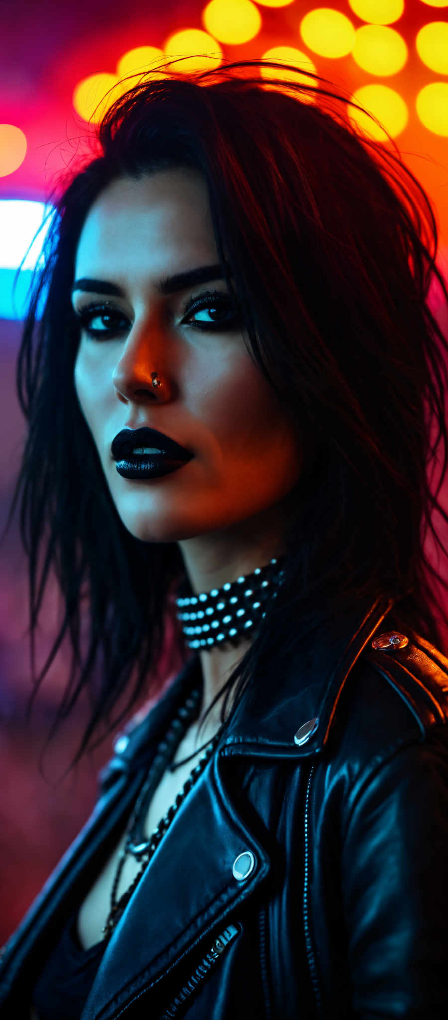 A woman with long black hair and a nose ring is wearing a black leather jacket.