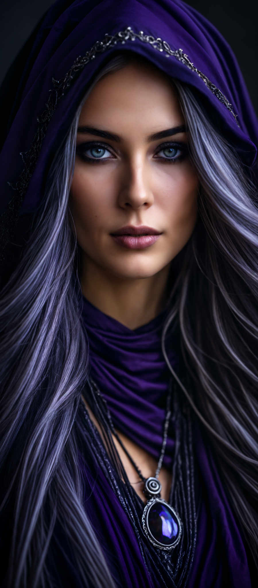 A woman with long gray hair is wearing a purple scarf.