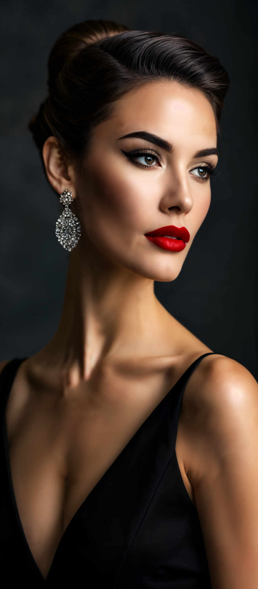 A woman wearing a black dress and red lipstick.