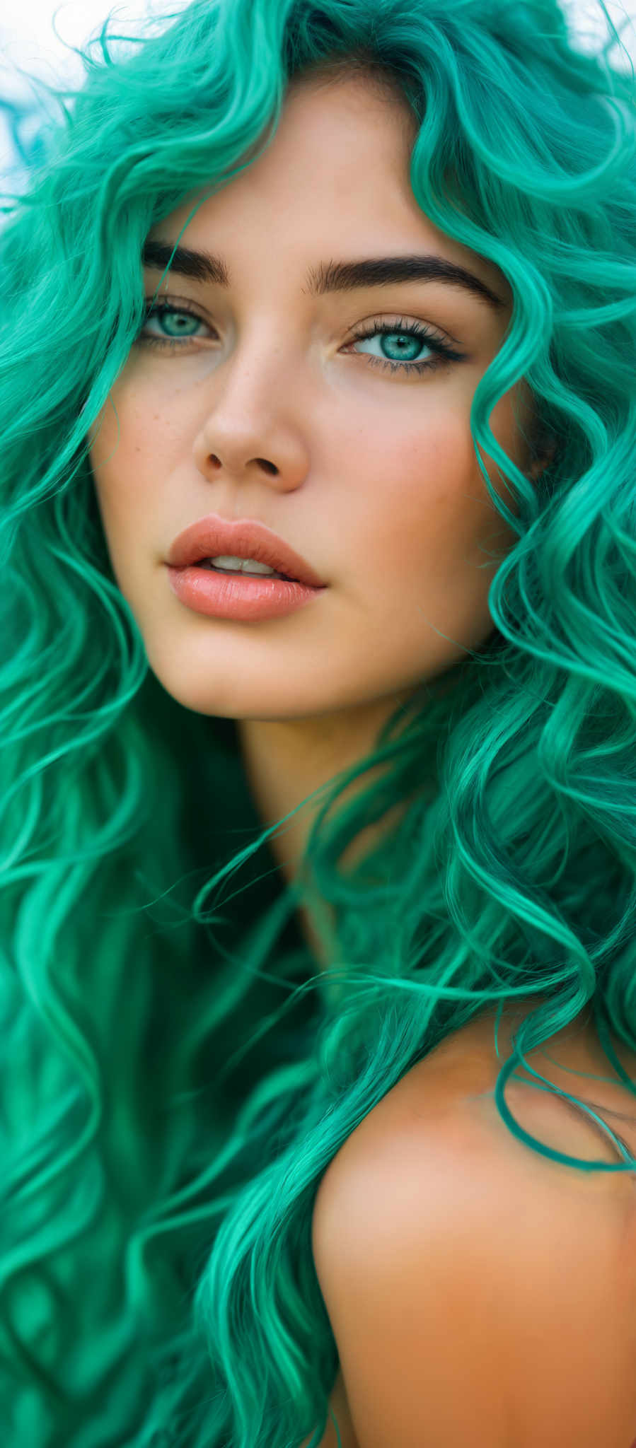 A woman with long curly green hair is captured in a close-up shot. Her hair which is the main focus of the photo is styled in loose curls that cascade down her shoulders. The woman's face is partially visible with her lips and nose being the only features that can be discerned. The background is blurred drawing attention to the woman and her vibrant green hair. The image does not contain any text or other objects. The relative position of the woman's features and her hair suggests a focus on the woman herself with the background serving to highlight her presence. The colors in the image are predominantly green with a hint of brown on the skin of the face. The overall composition of the photograph suggests a casual relaxed atmosphere.