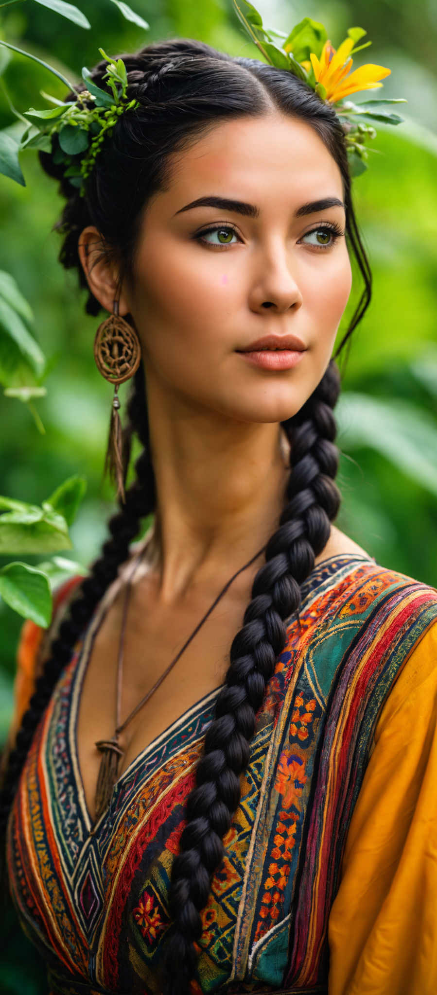 A woman with long black braided hair is wearing a colorful dress.