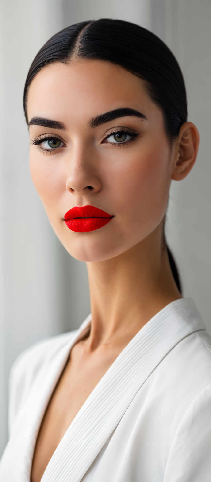 A woman with red lipstick on her lips.