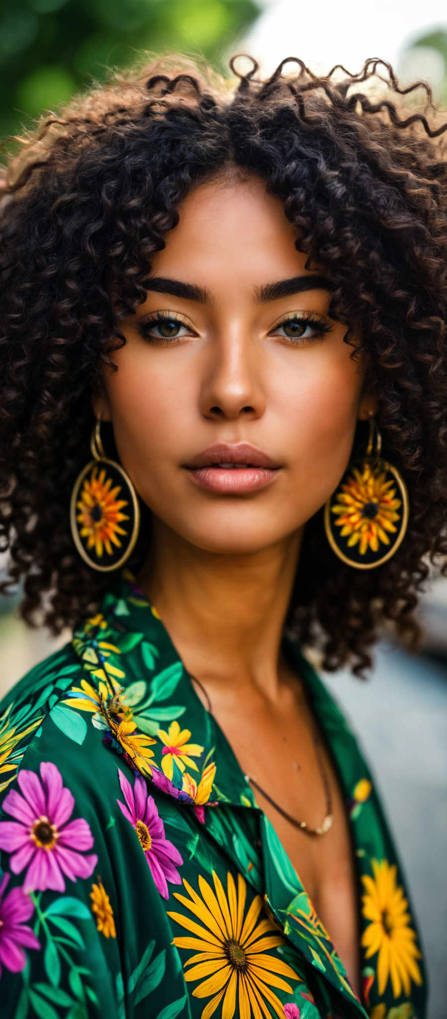 A woman with curly hair and gold hoop earrings. She is wearing a green dress adorned with yellow flowers.