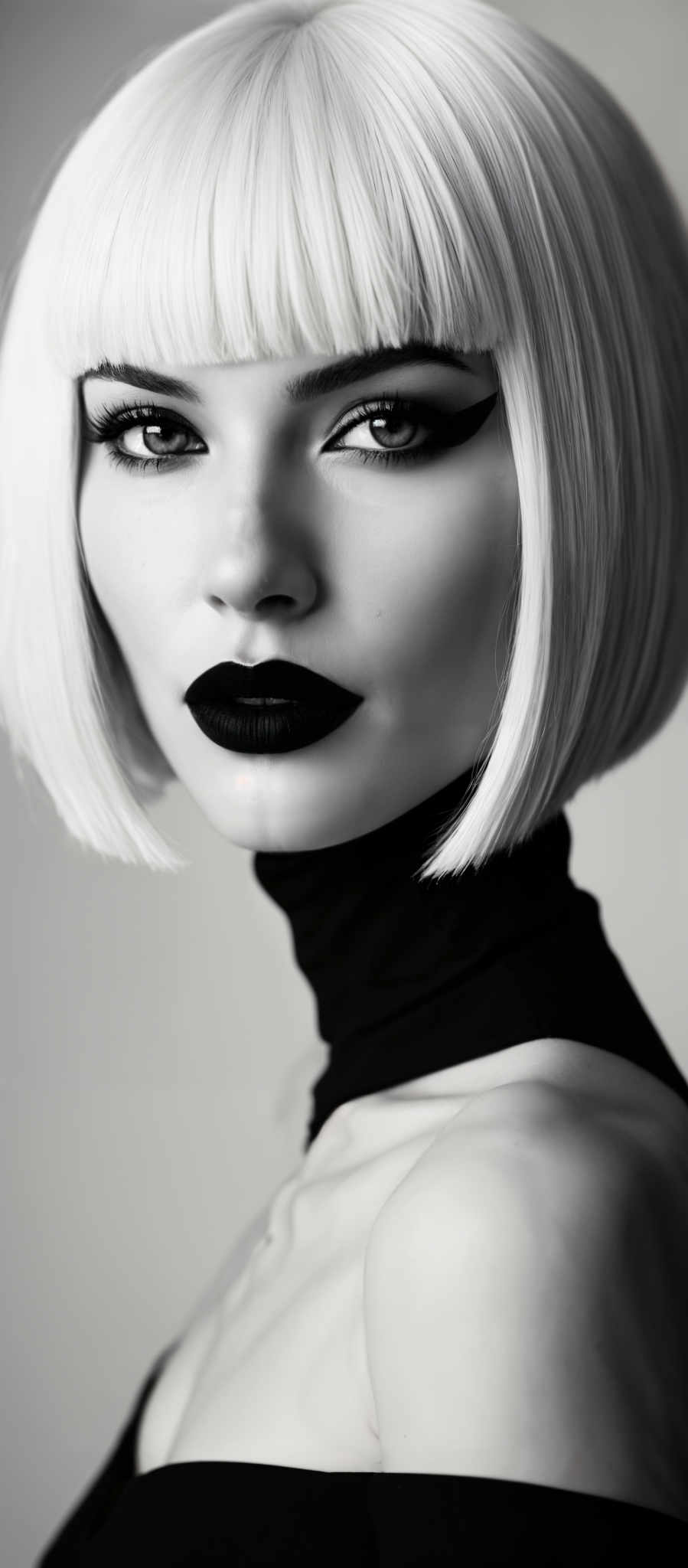 A woman with blonde hair and black lipstick.