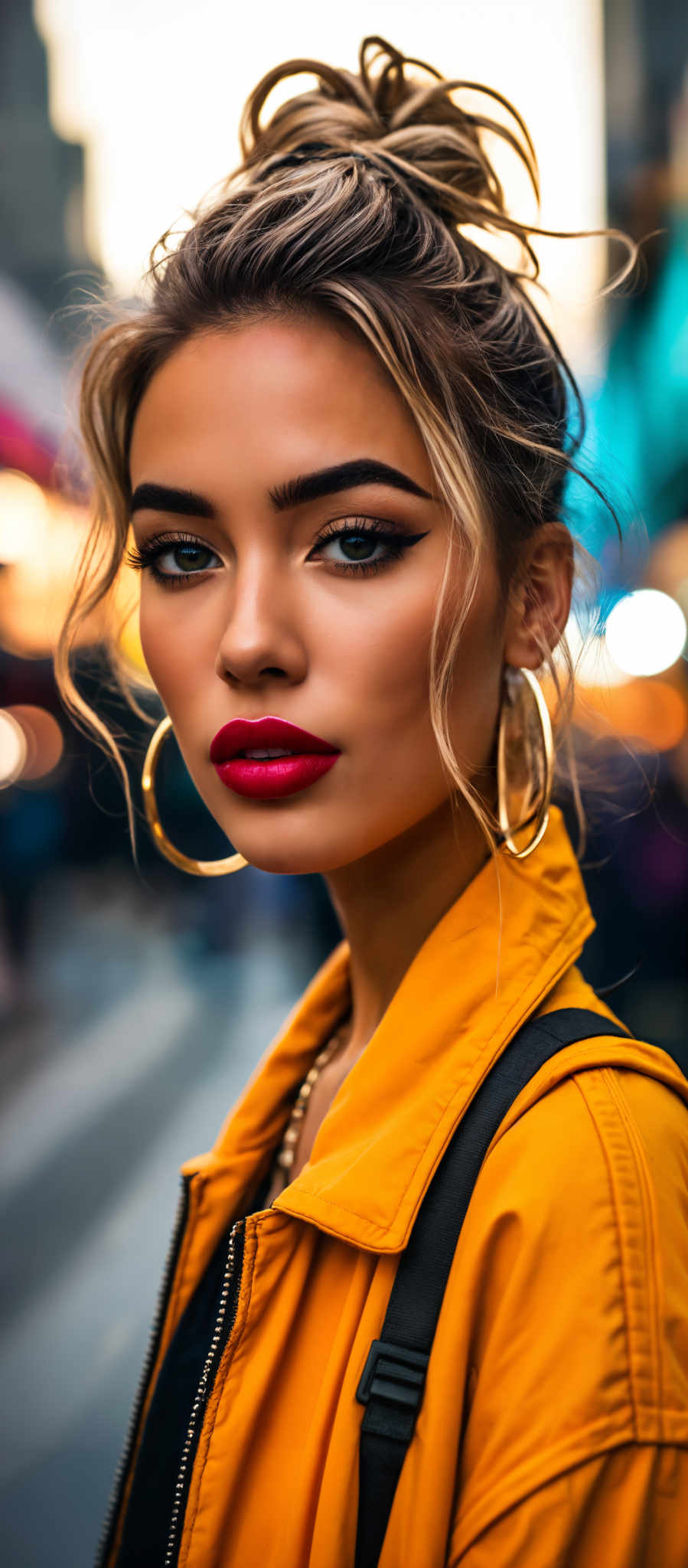 A woman with blonde hair and red lipstick is wearing a yellow jacket.