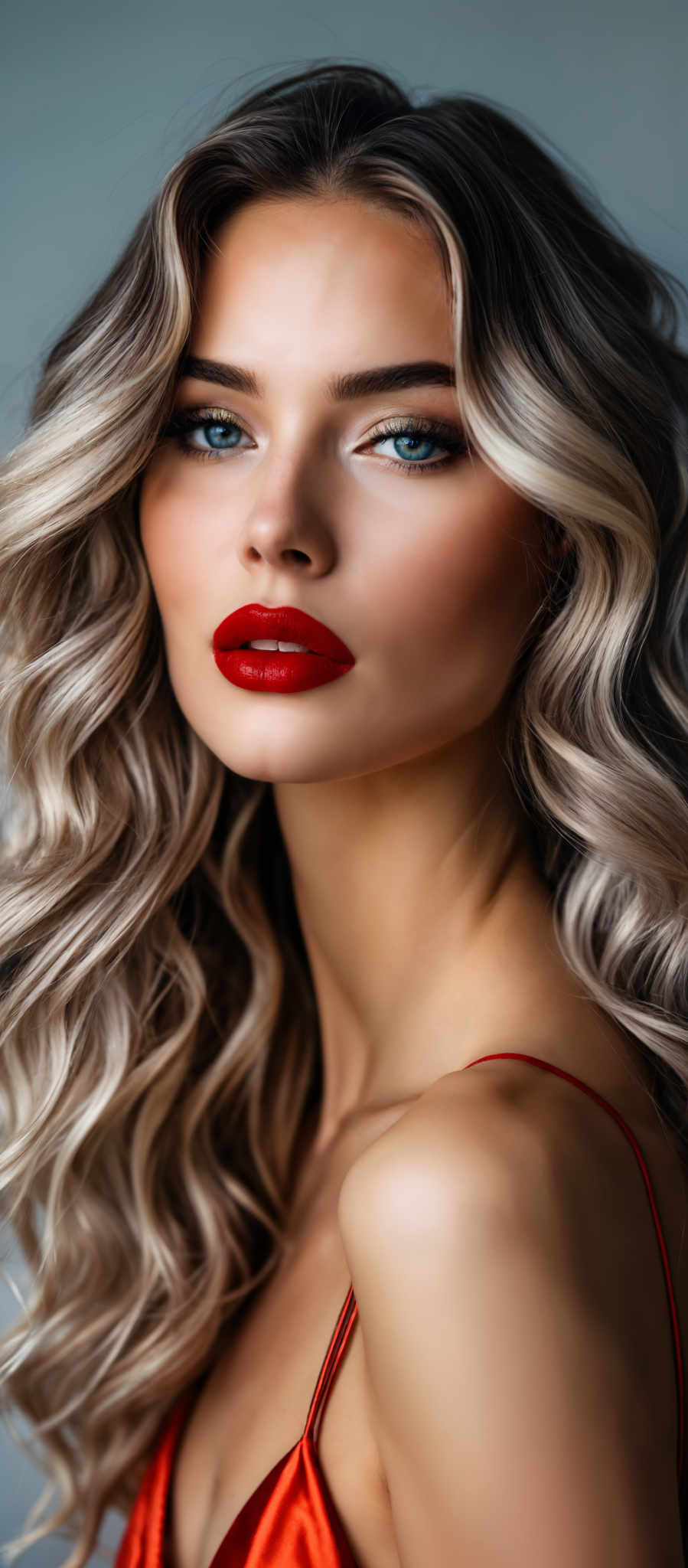 A blonde woman with red lipstick on her lips.