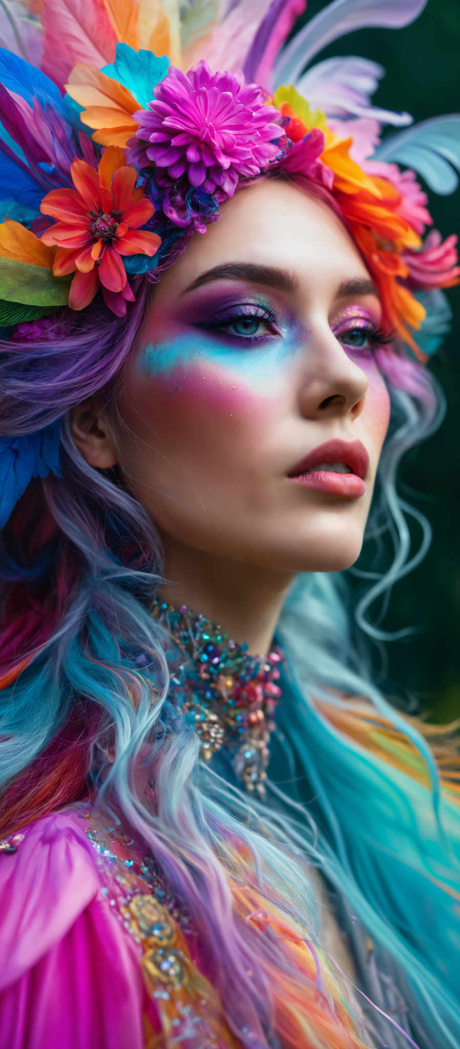 A woman with a vibrant rainbow-colored face paint and a feathered headband.