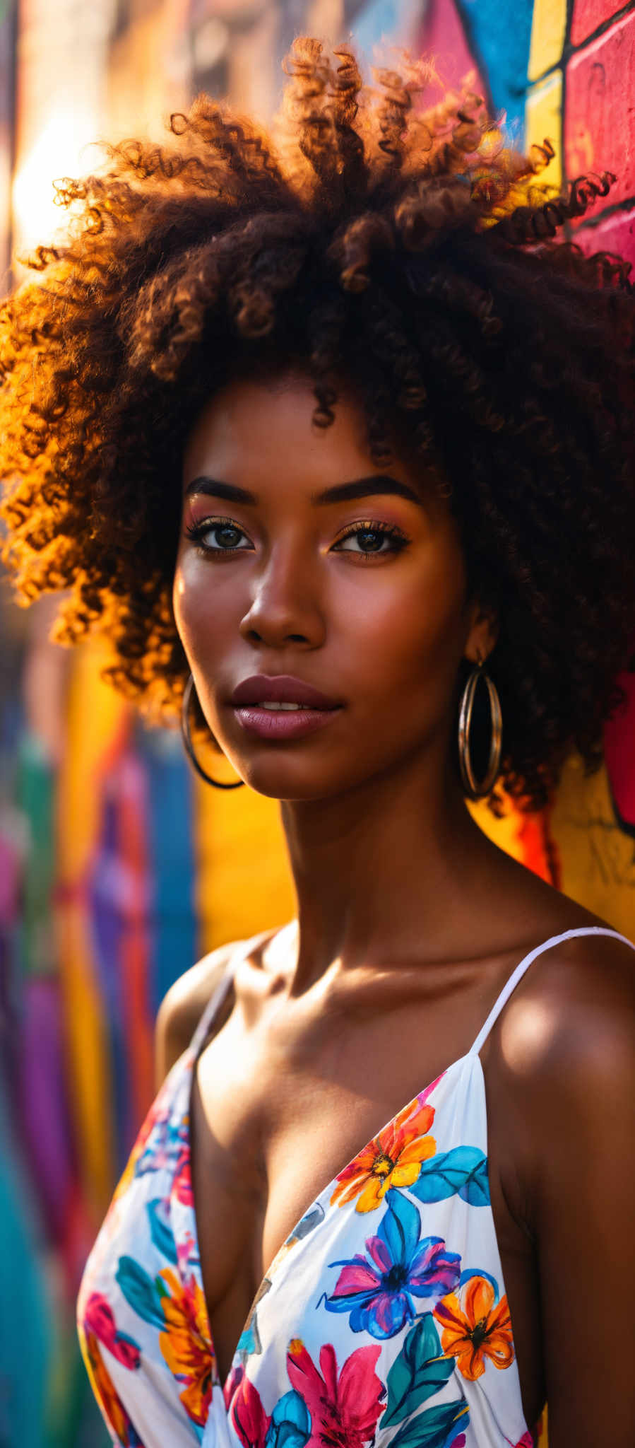 A woman with curly hair and gold hoop earrings is wearing a white tank top.