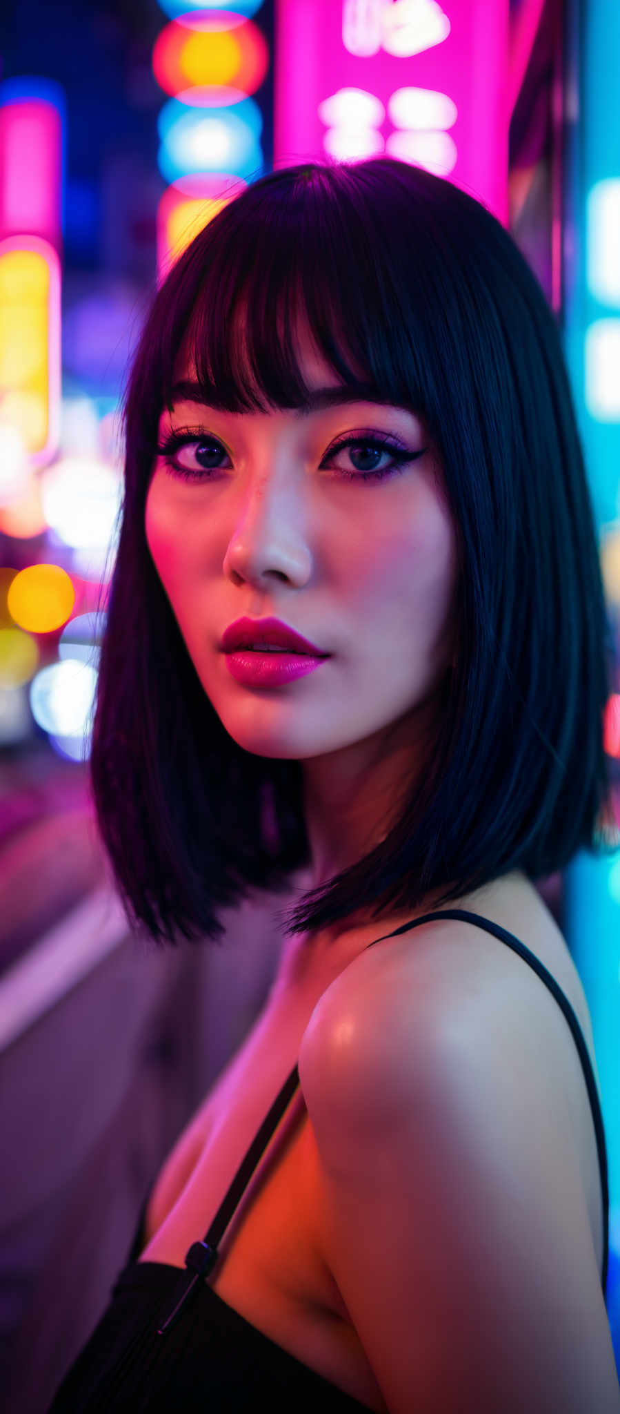 A woman with black hair and bangs is wearing a black dress. She has a red lipstick on and is looking off to the side.