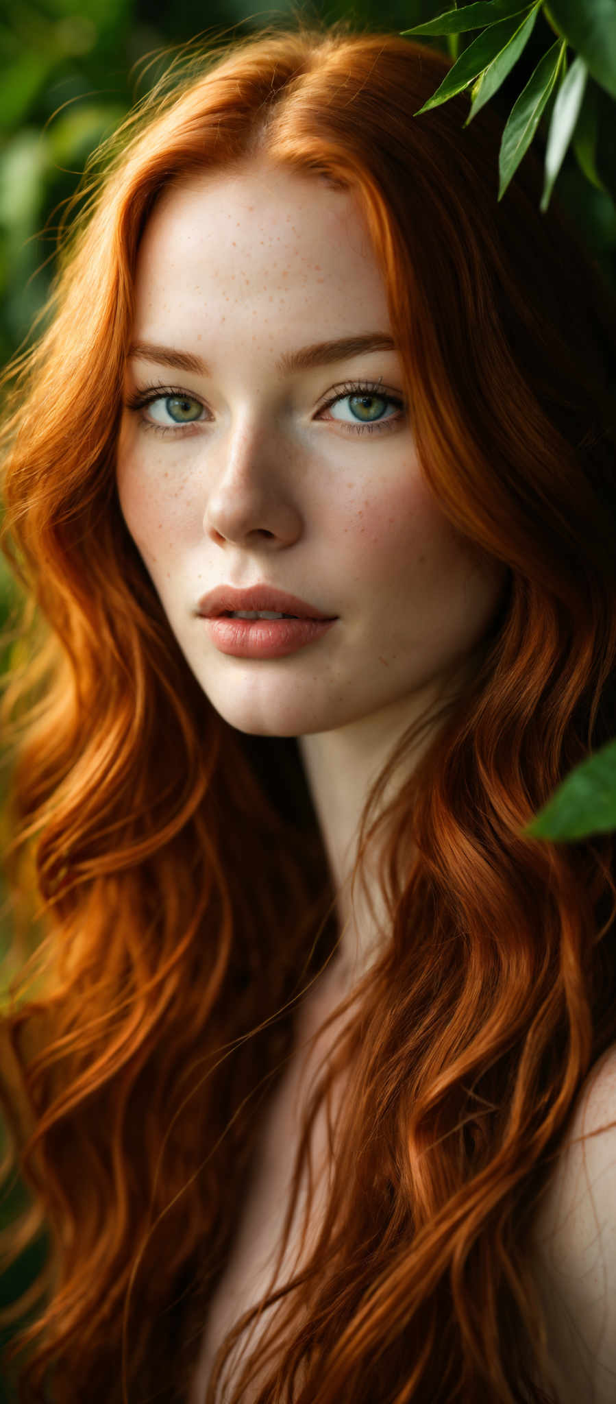 A woman with red hair is looking at the camera.