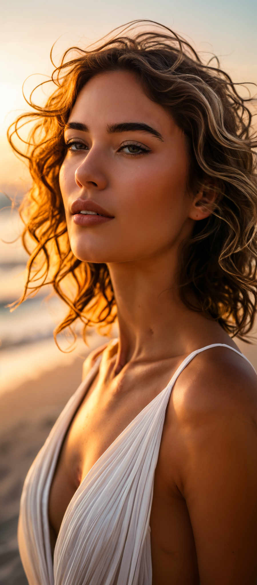 A woman with long blonde hair and a white tank top.