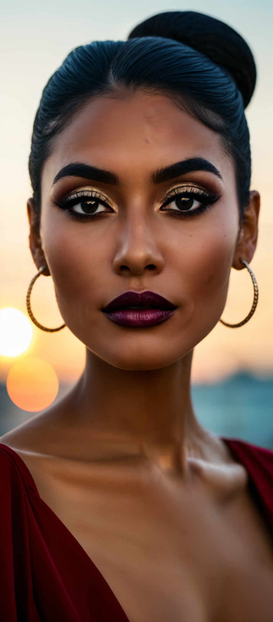 A woman with large hoop earrings and a red lipstick.