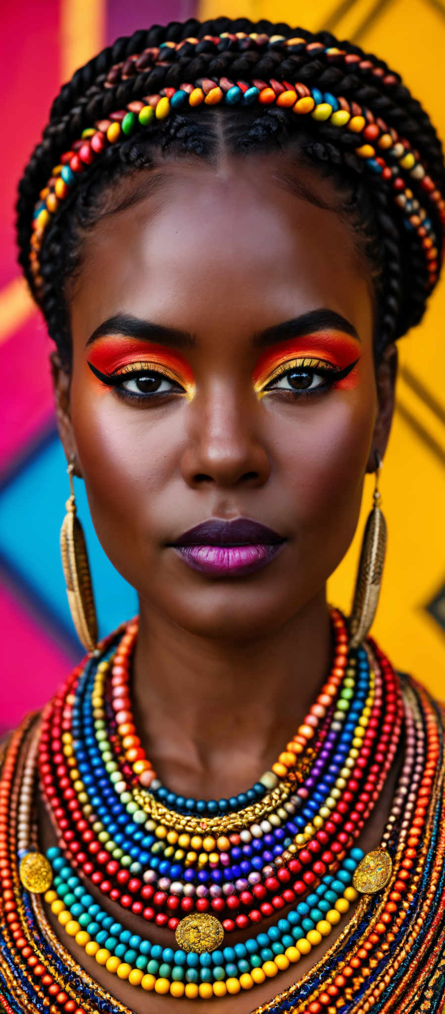 A woman with a colorful necklace and earrings is wearing a vibrant makeup look.