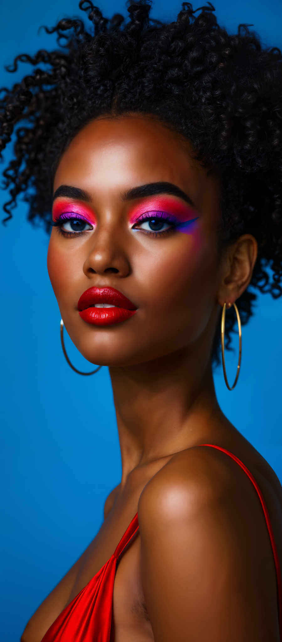 A woman with a red lipstick and gold hoop earrings.