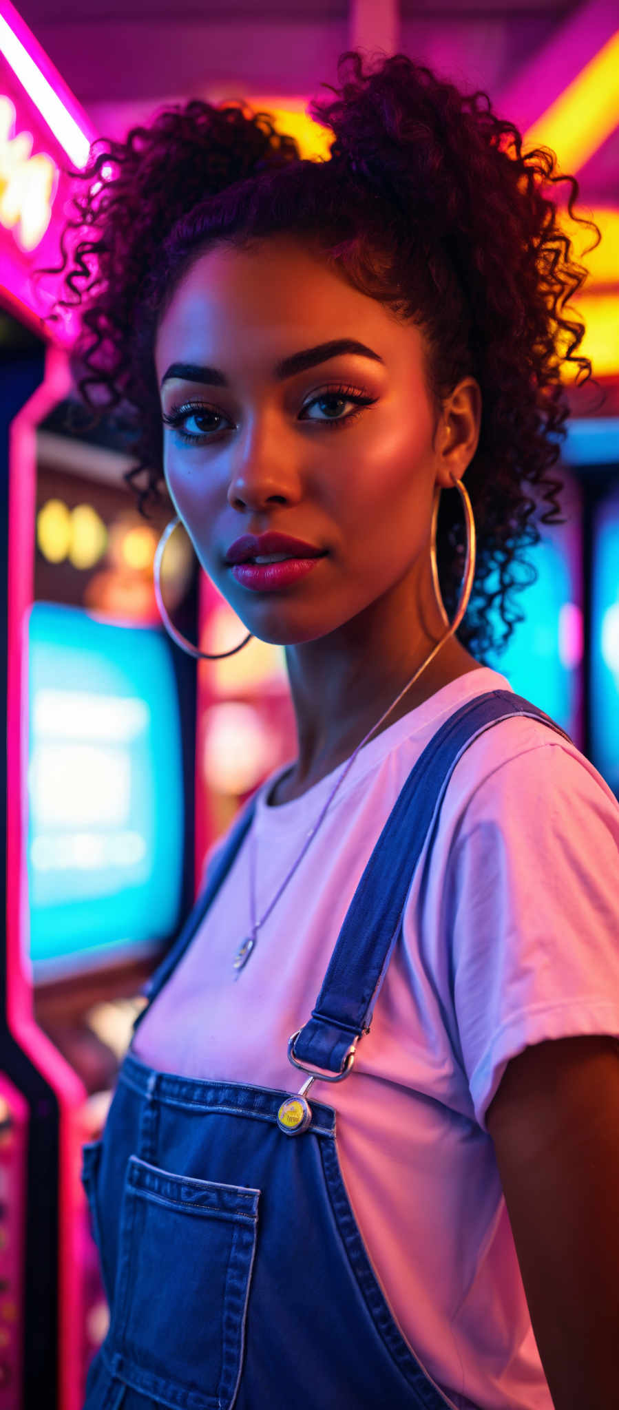 A woman with a pink shirt and blue suspenders is wearing large hoop earrings.