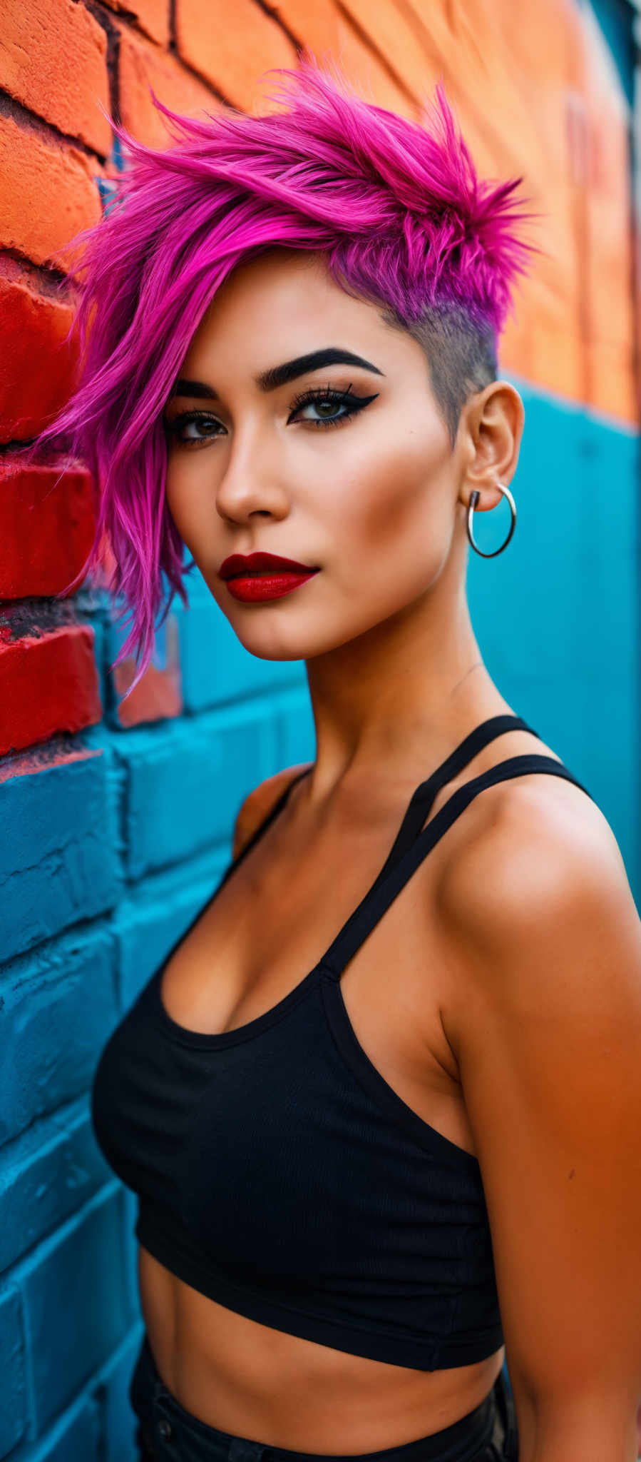 A woman with purple hair and red lipstick stands in front of a blue brick wall. She is wearing a black tank top and has a black choker around her neck. Her hair is styled in a messy bun. She has large hoop earrings in her ears.