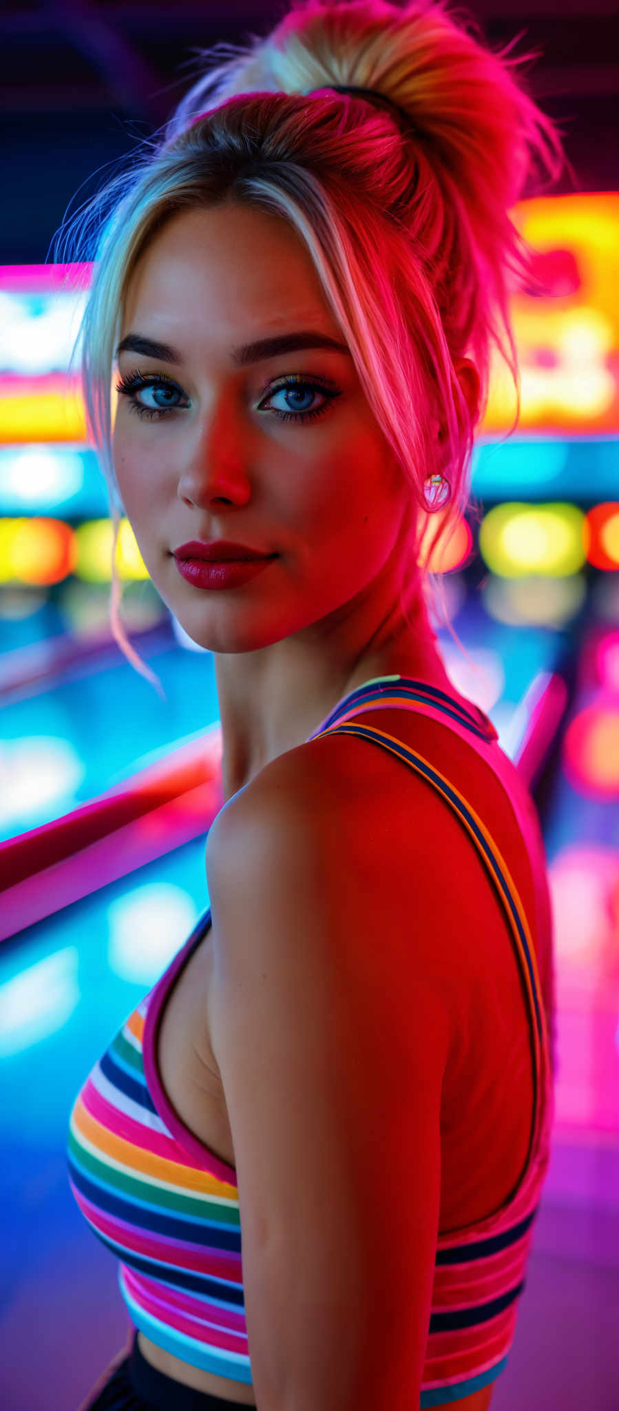 A blonde woman with blue eyes and red lipstick. She is wearing a striped tank top.