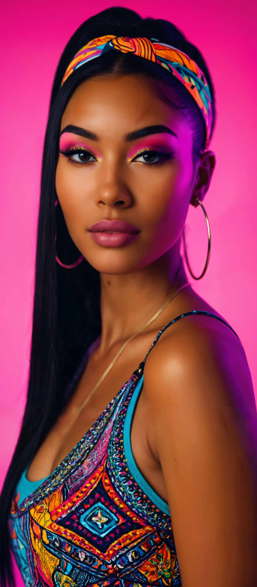 A woman with long black hair and gold hoop earrings. She is wearing a blue and white dress.