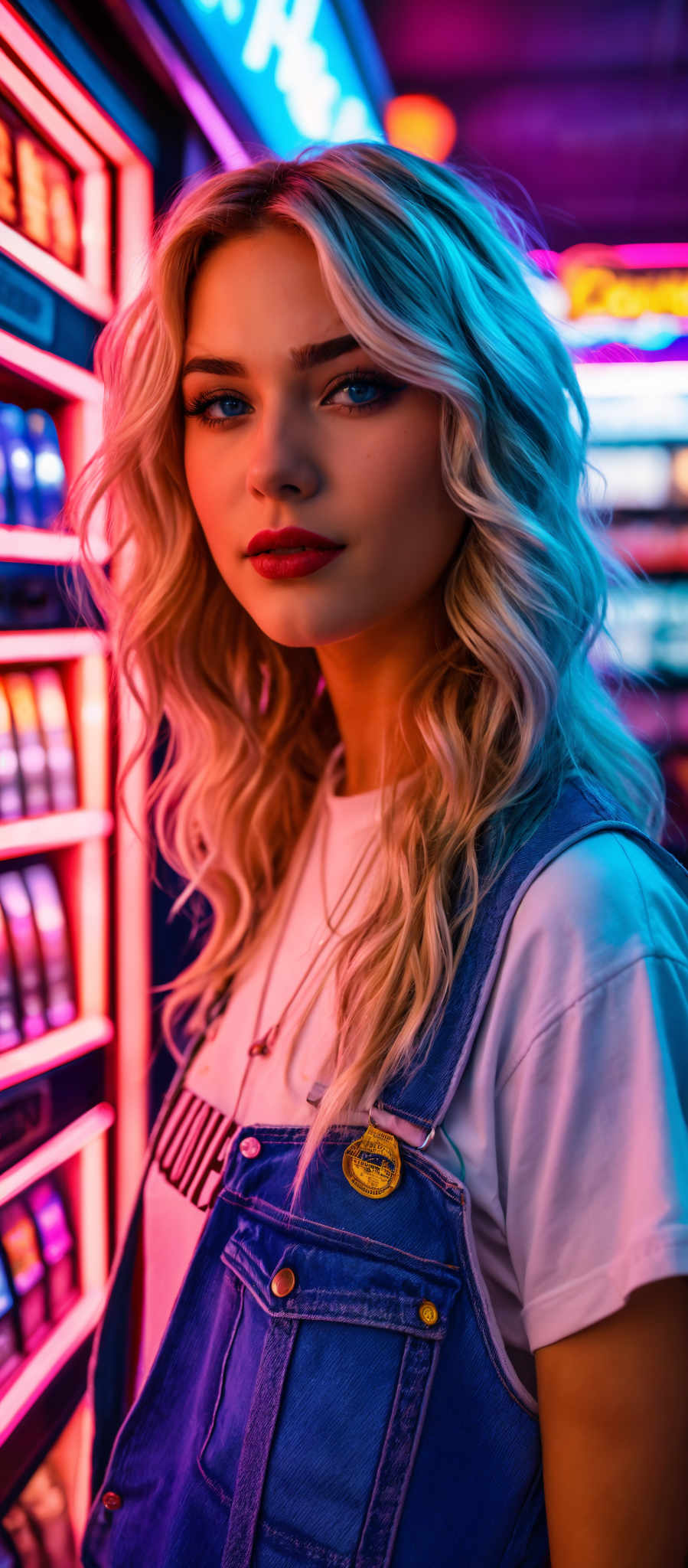 A blonde woman with long hair and a red lipstick. She is wearing a white shirt and blue overalls.