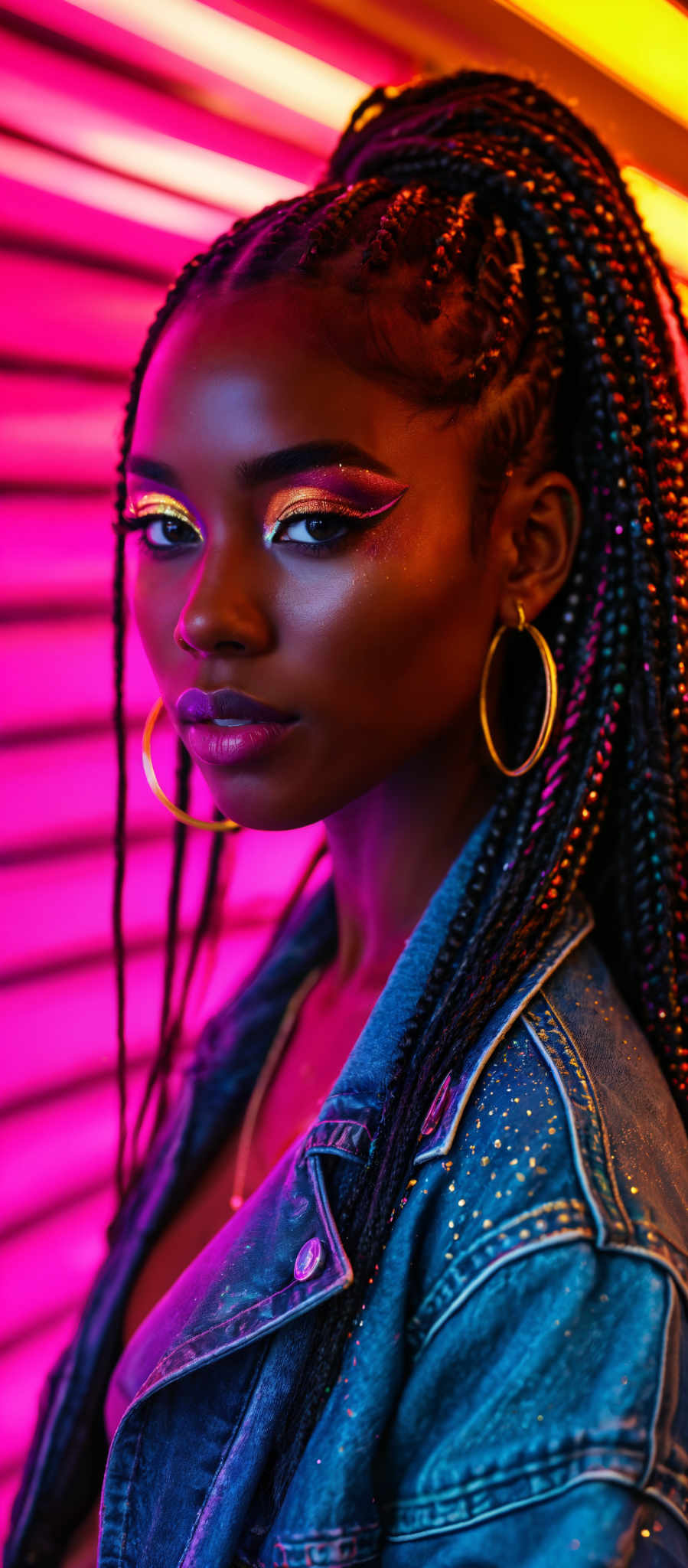 A woman with a pink and gold eye shadow wearing a denim jacket.