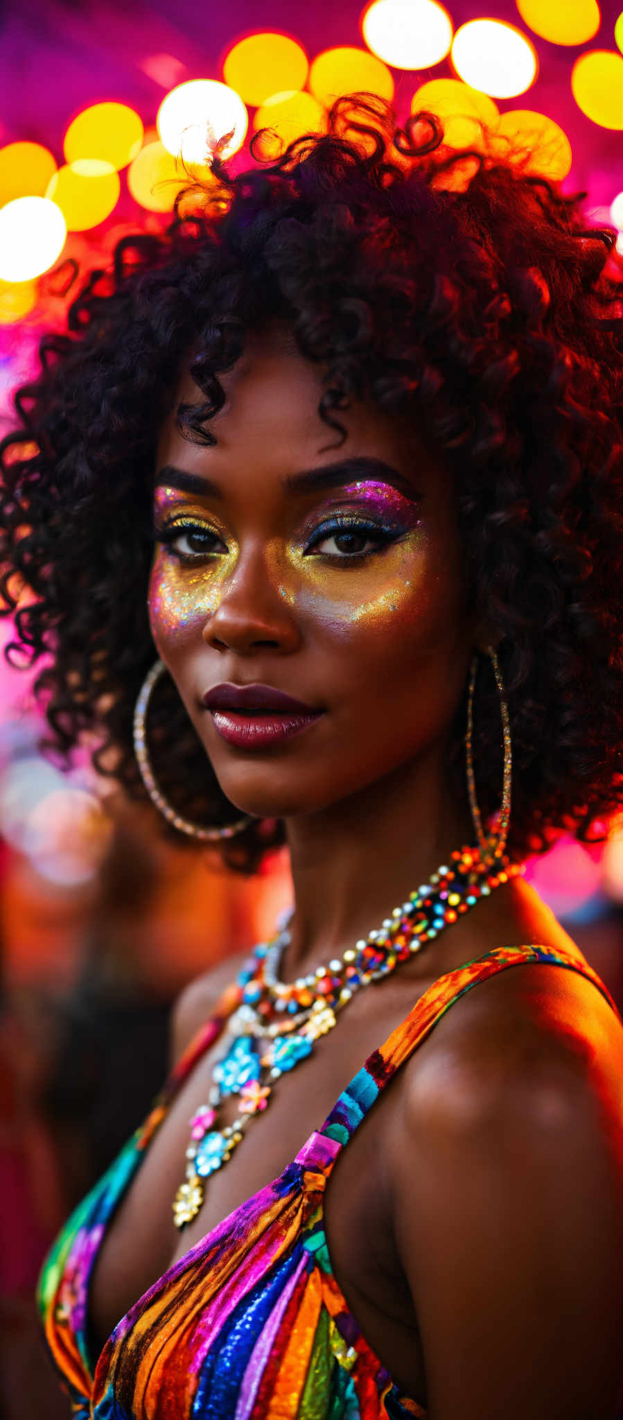 A woman with a colorful face paint and a necklace.