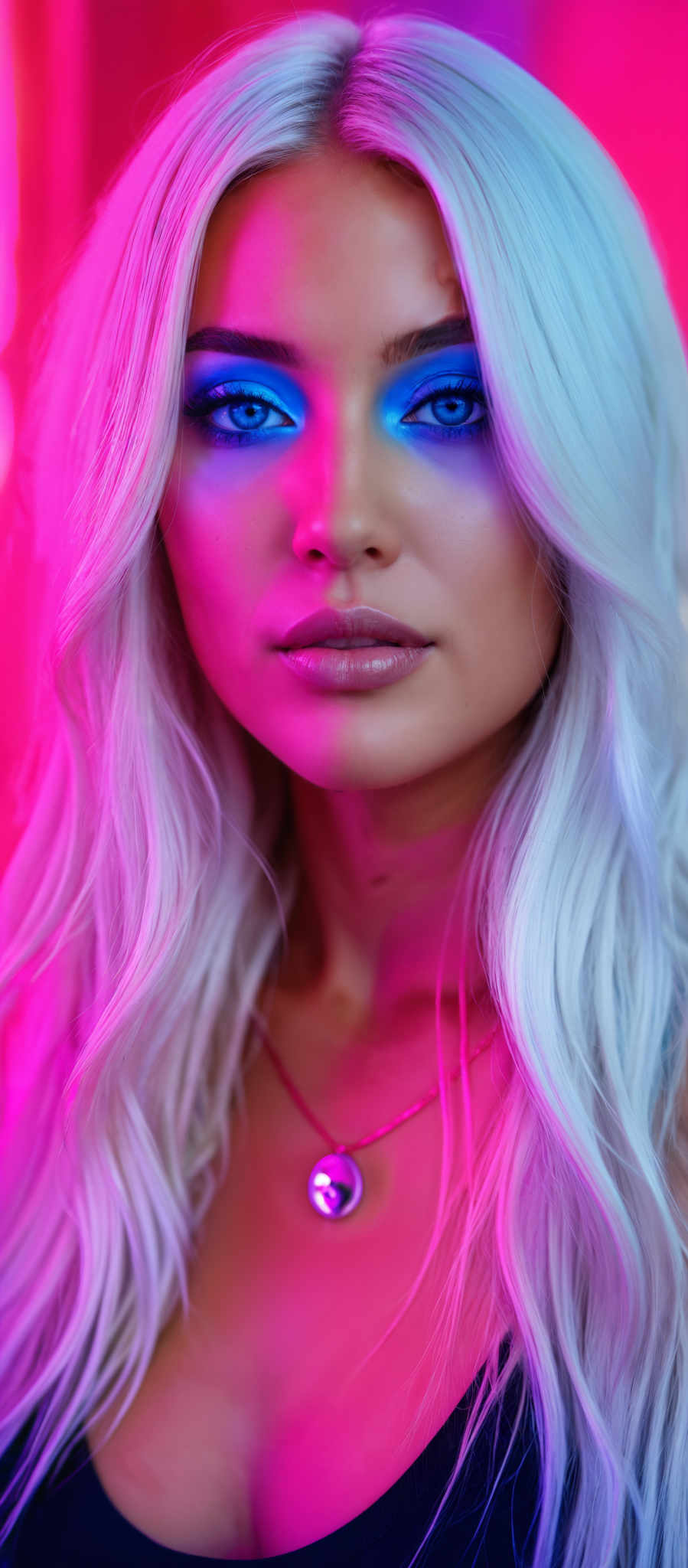 A woman with long white hair and blue eye shadow.