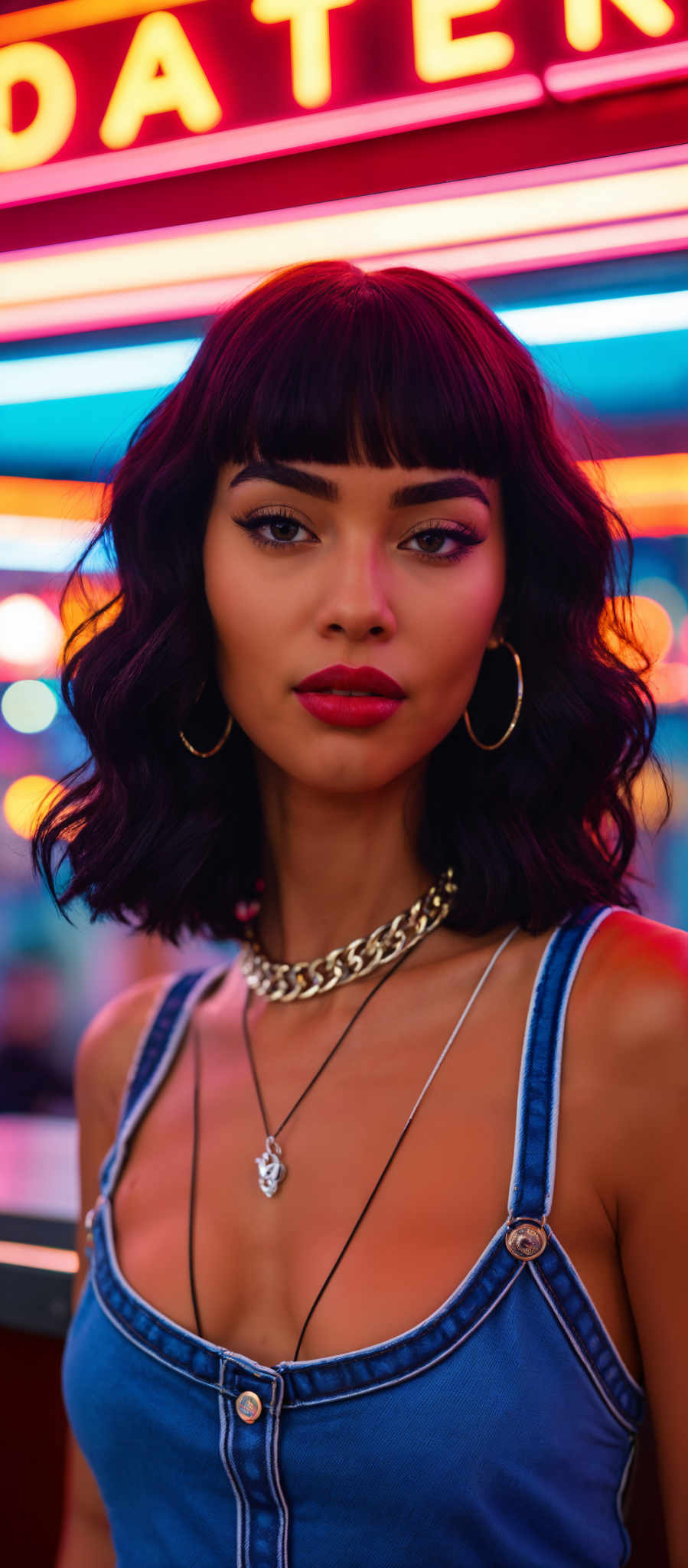 A woman with long black hair and bangs is wearing a gold chain necklace. She is wearing blue and white clothing.