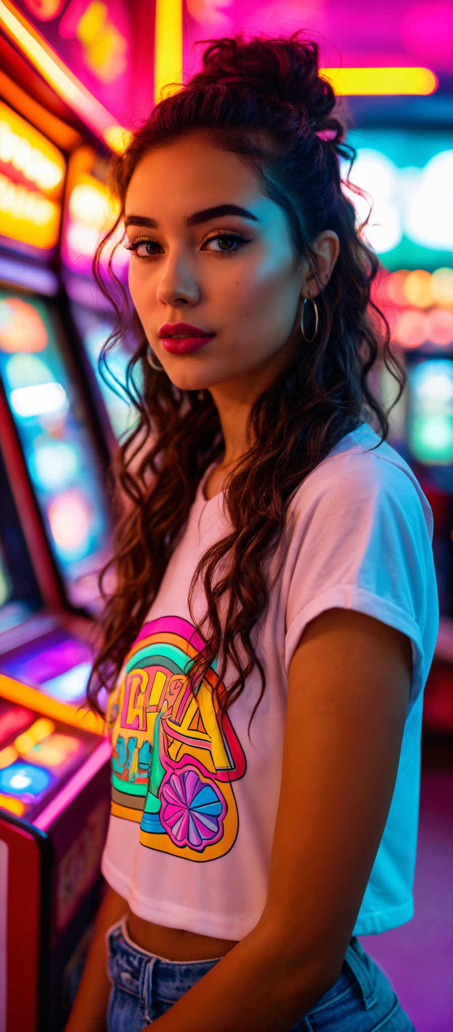 A young woman with long brown hair and red lipstick is wearing a white t-shirt with a colorful graphic.