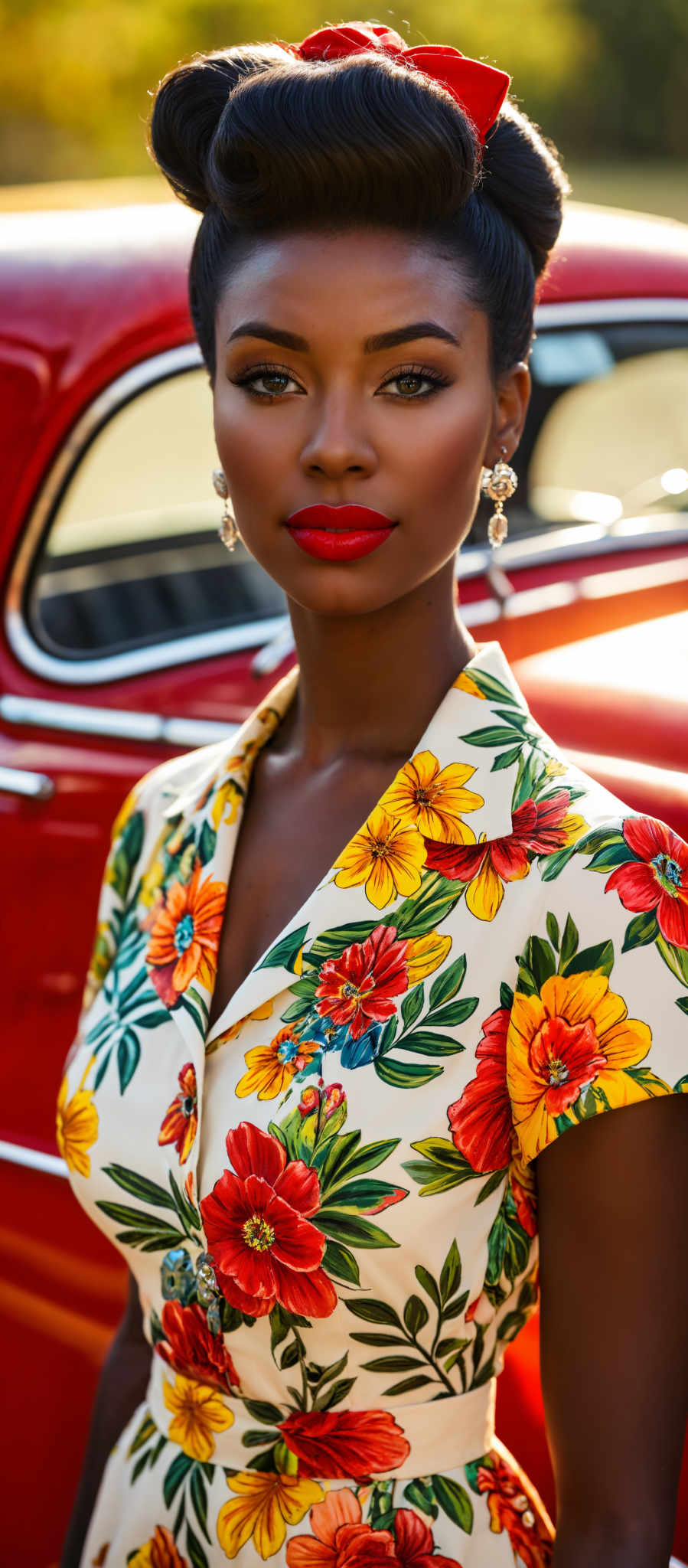 A woman wearing a floral print dress stands in front of a red car.