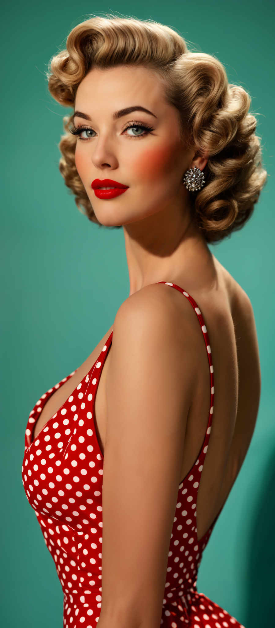 A woman with blonde hair and red lipstick is wearing a red and white polka dot dress. She is also wearing a silver necklace.