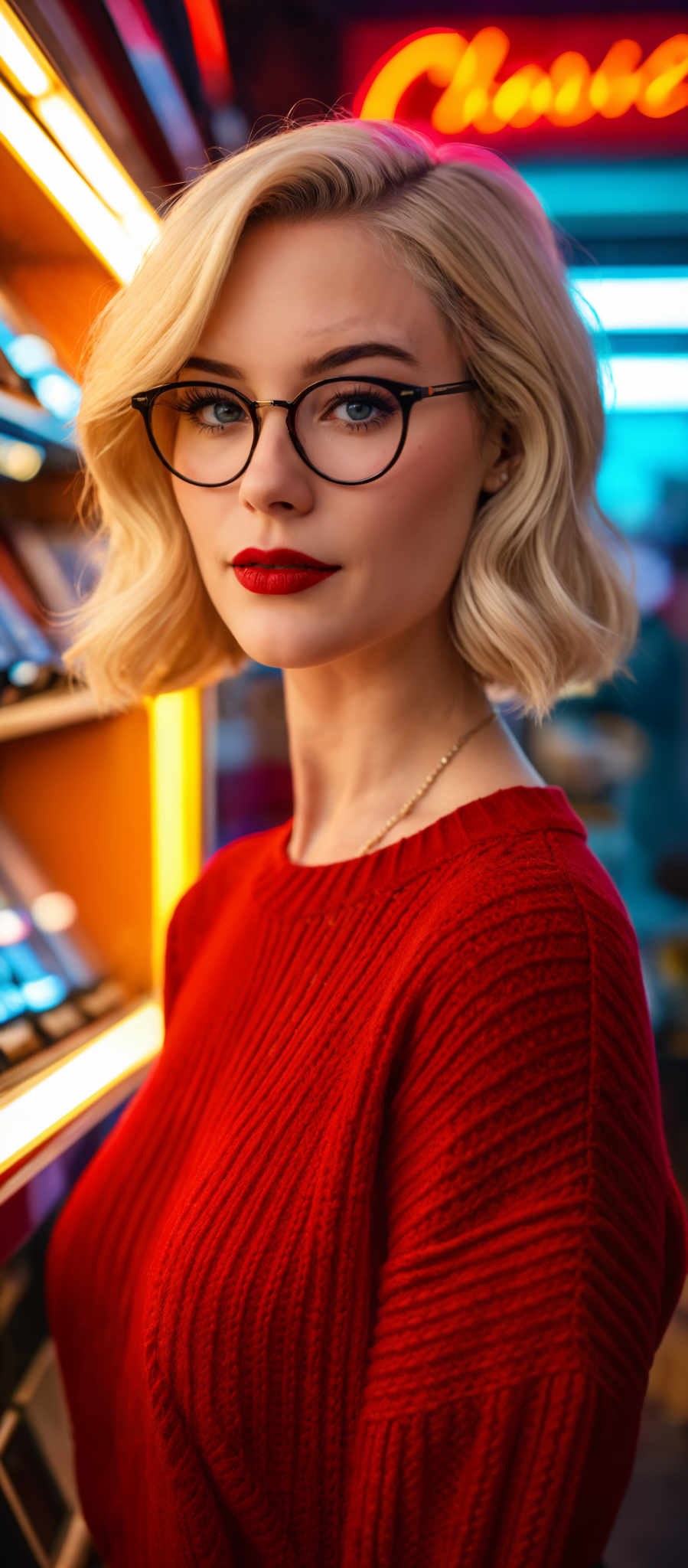 A woman with blonde hair and red lipstick is wearing a red sweater.