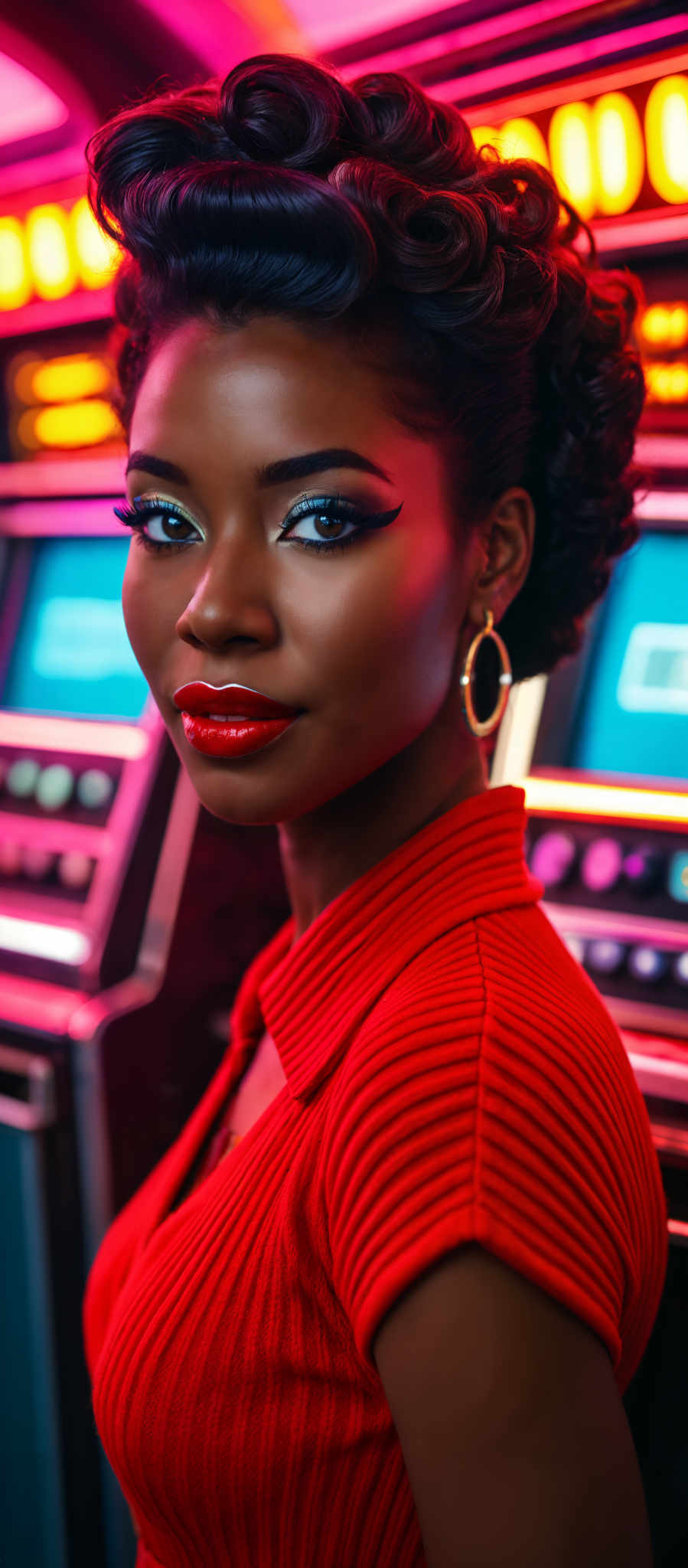 A woman with red lipstick and gold hoop earrings is wearing a red sweater.