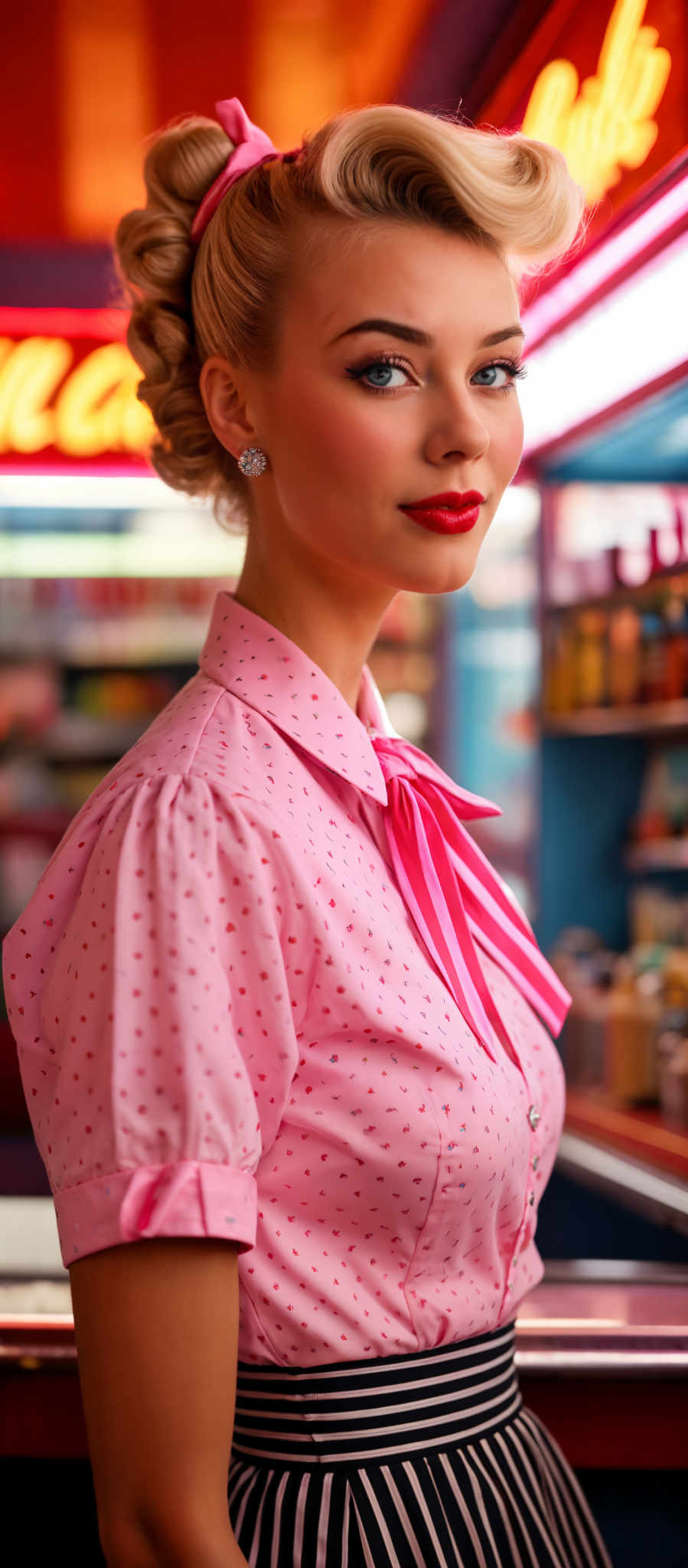 A woman in a pink blouse with a white collar and polka dots. She is wearing a red lipstick and has a pearl earring in her ear.