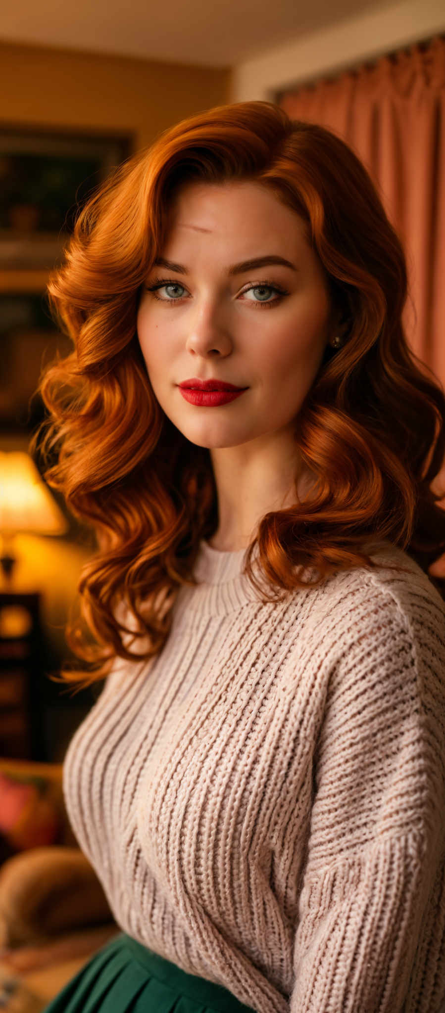 A woman with red hair and a red lipstick is wearing a white sweater.