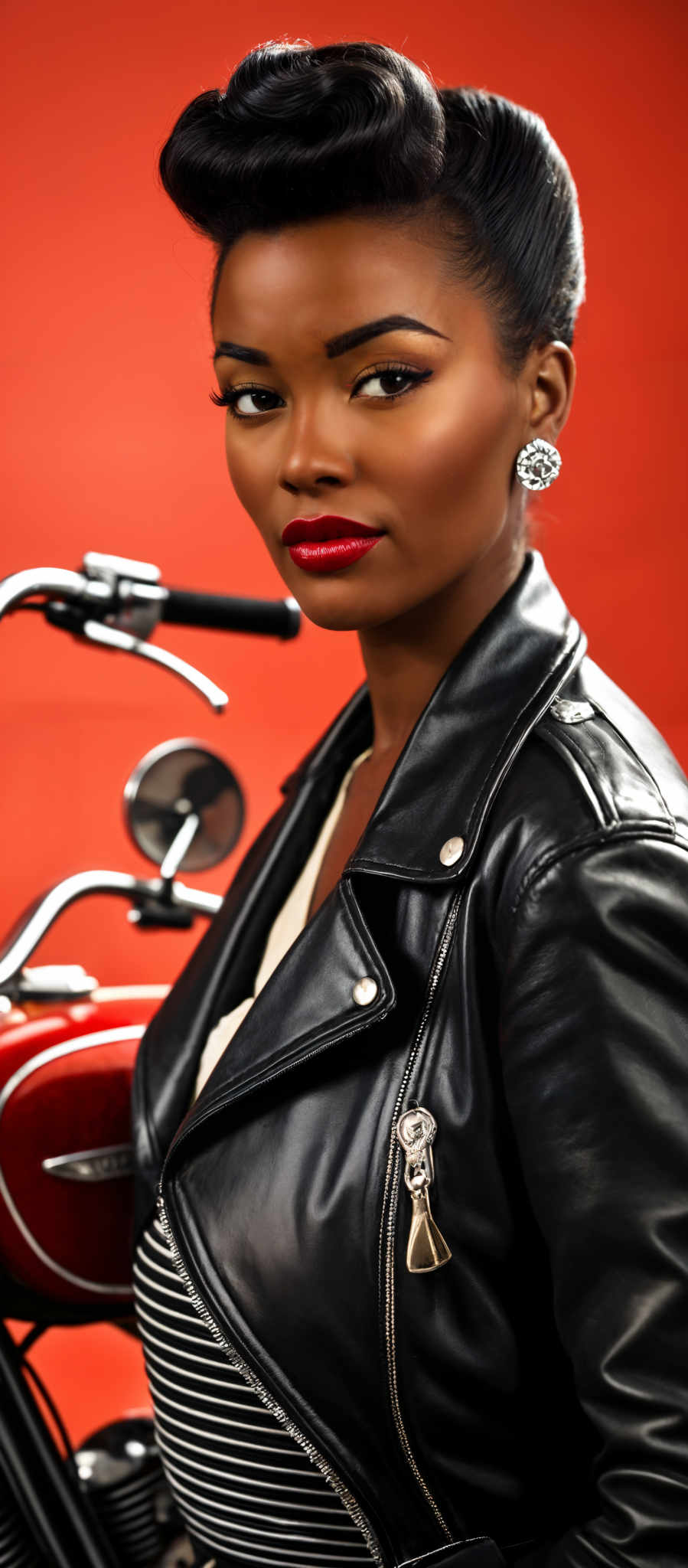 A woman wearing a black leather jacket and red lipstick.