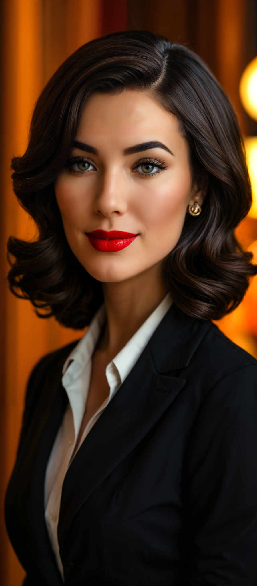 A woman with red lipstick and a black suit.