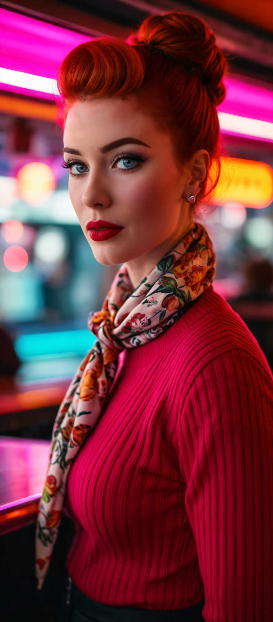 A woman wearing a red sweater and a scarf with a floral pattern.