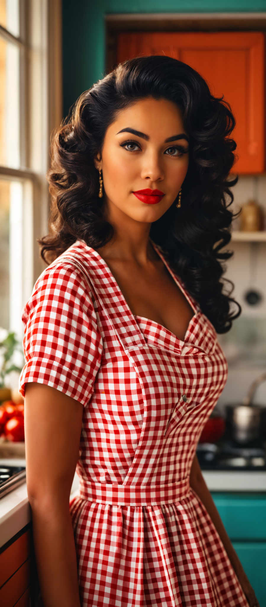 A woman in a red and white checkered dress with a red lipstick.